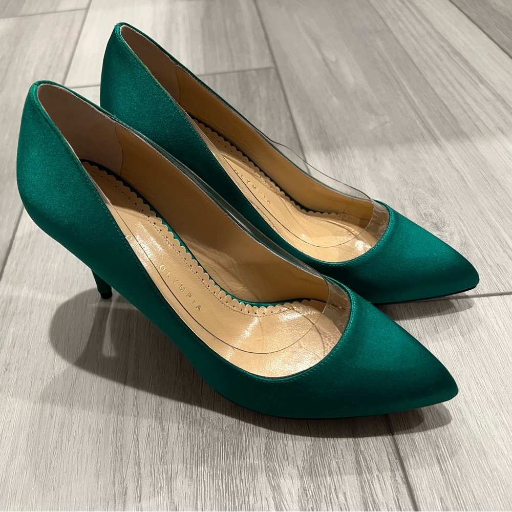 Charlotte Olympia emerald satin heels size 36